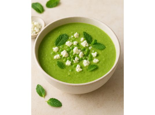 Velouté de petits pois à la menthe et éclats de chèvre frais